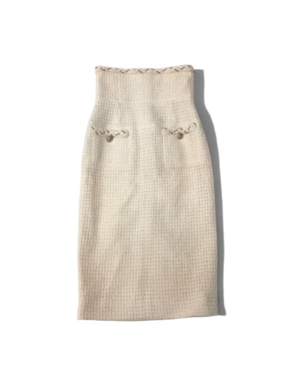 Chanel 07A CC Button High Waisted Tweed Skirt CC Ivory